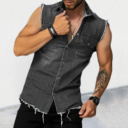 Men's Vintage Lapel Sleeveless Denim Shirt 47486407M