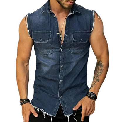 Men's Vintage Lapel Sleeveless Denim Shirt 47486407M