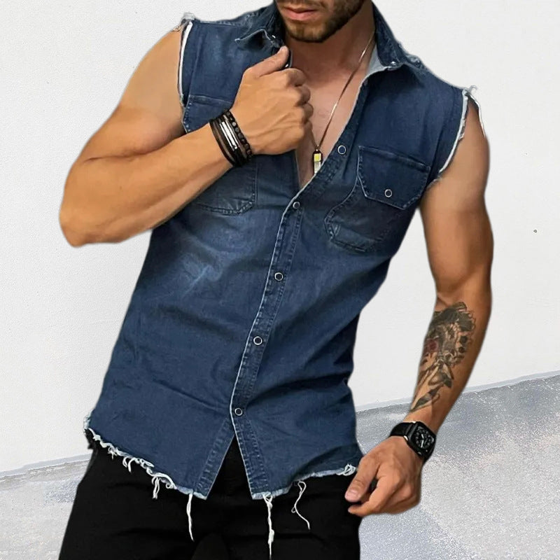 Men's Vintage Lapel Sleeveless Denim Shirt 47486407M