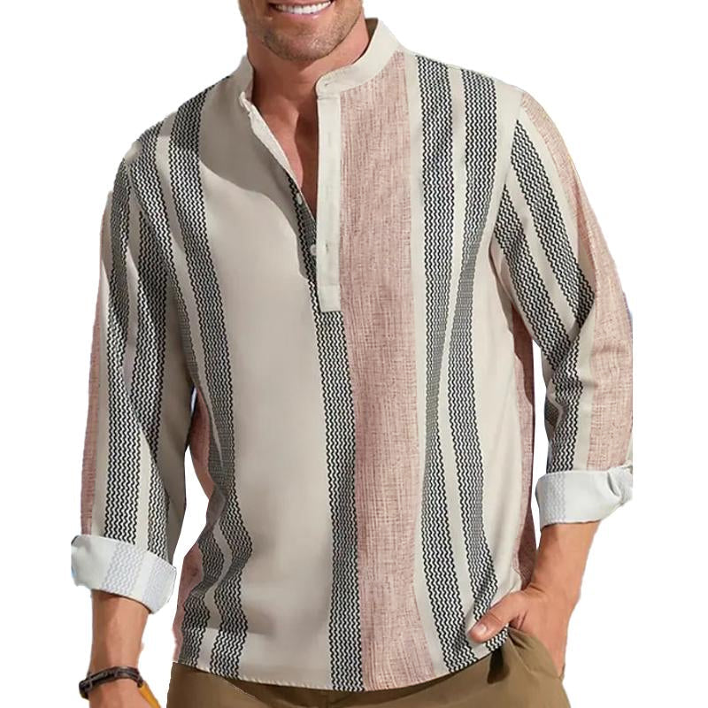 Men's V-neck Striped Print Loose Lapel Cotton Linen Shirt 98320759X