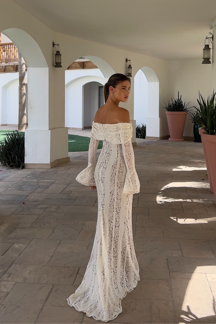 Viraya - Off-Shoulder Crochet Lace Maxi Dress