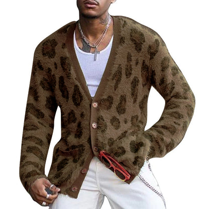 Men's Vintage Leopard V-Neck Single-Breasted Cardigan 03568715Y