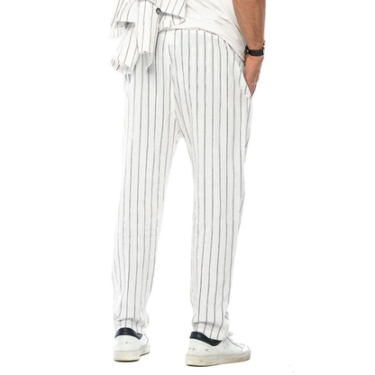 Men's Vertical Striped Cotton And Linen Straight Loose Trendy Casual Trousers 38653954Z