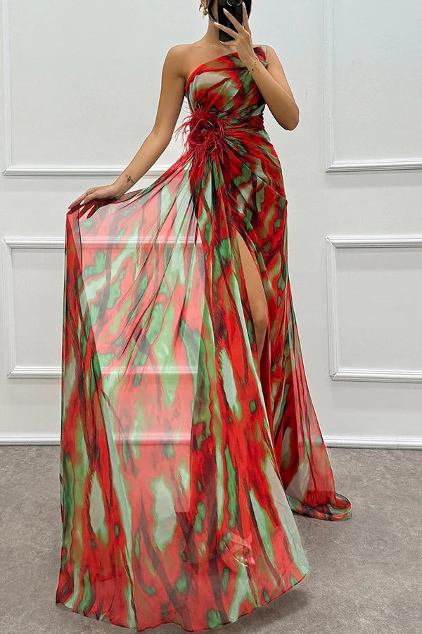 Illyra - Off-Shoulder Slit Printed Maxi Dress