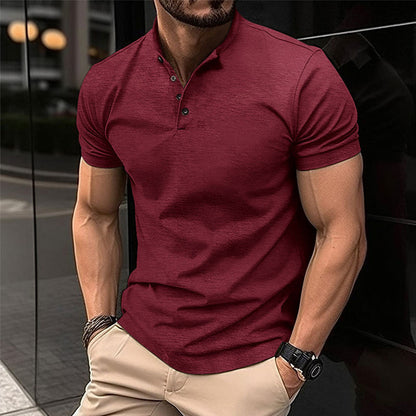 Men's Solid Color Button Henley Neck Sports Polo Shirt 08122771X