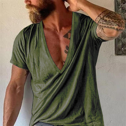 Men's Casual Solid Color V-Neck Short-Sleeved T-Shirt 19594146M