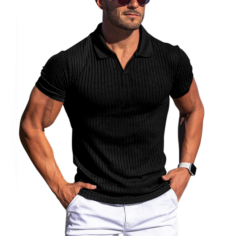 Men's Solid Striped Lapel Short Sleeve Polo Shirt 66319205Z