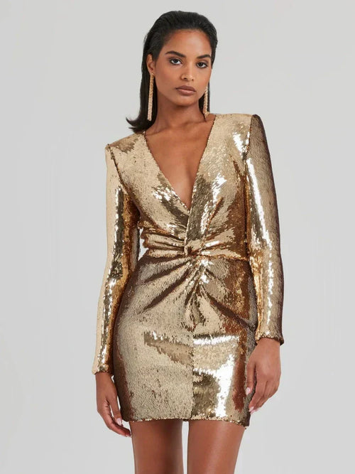 Carysse - Sequins Long Sleeves Fold Mini Dress