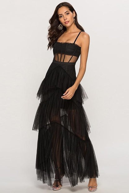 Arlene Corset Leayered Mesh Slip Maxi Dress