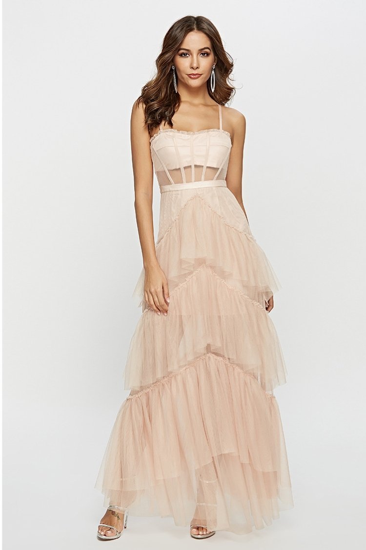 Arlene Corset Leayered Mesh Slip Maxi Dress