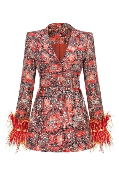 Carlin Printed Feather Belted Mini Blazer Dress