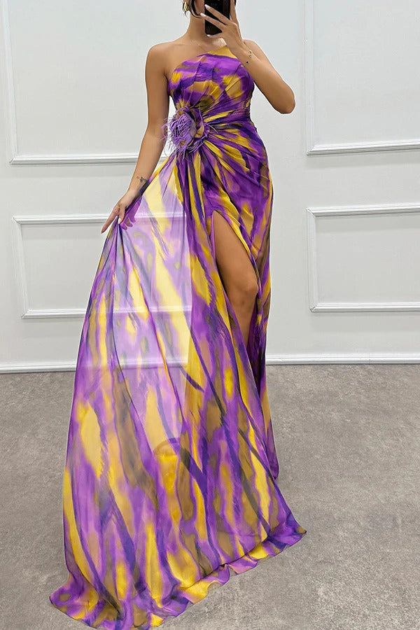 Illyra - Off-Shoulder Slit Printed Maxi Dress