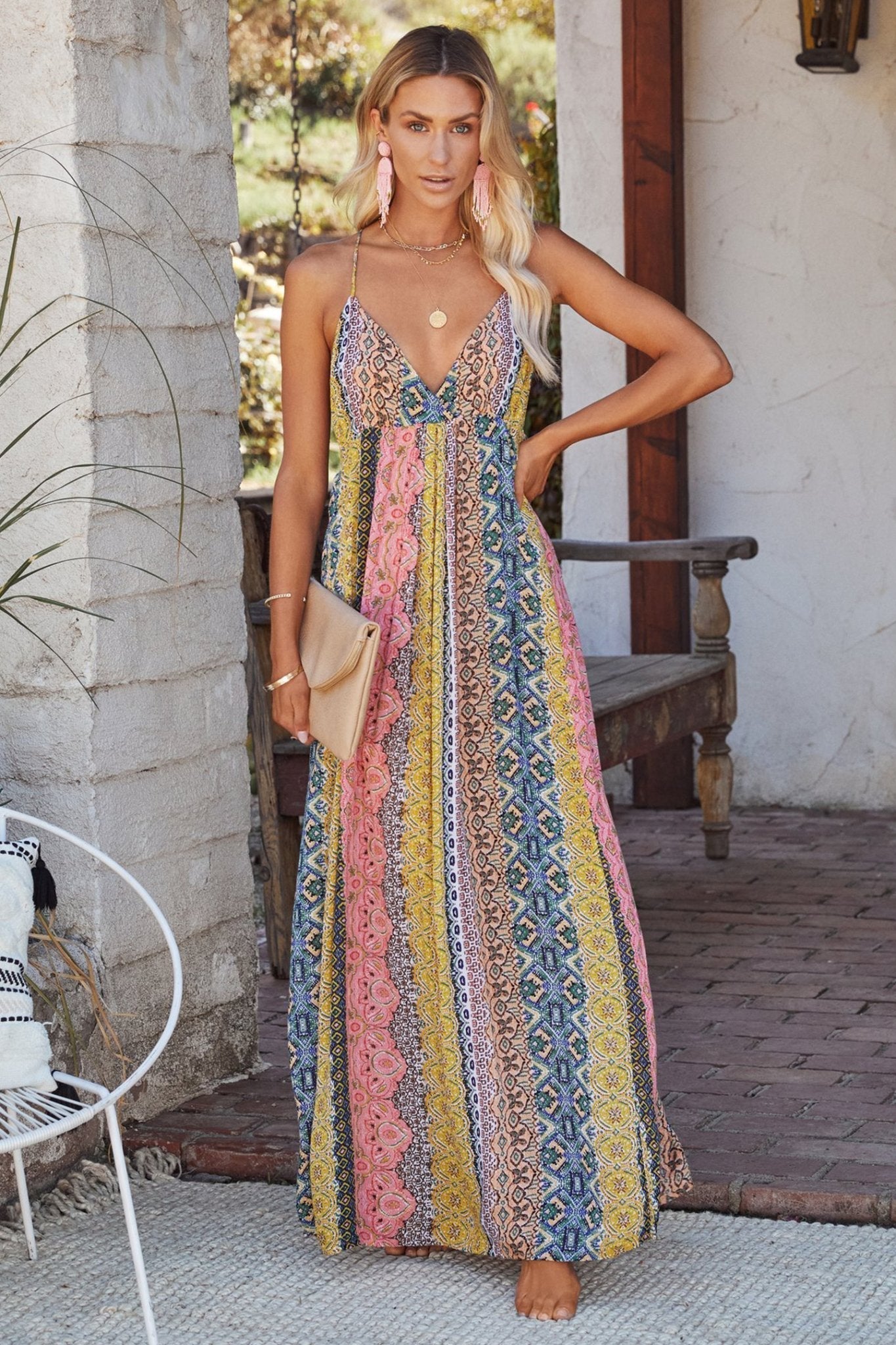 Freda Print Stripe Backless Maxi Sundress