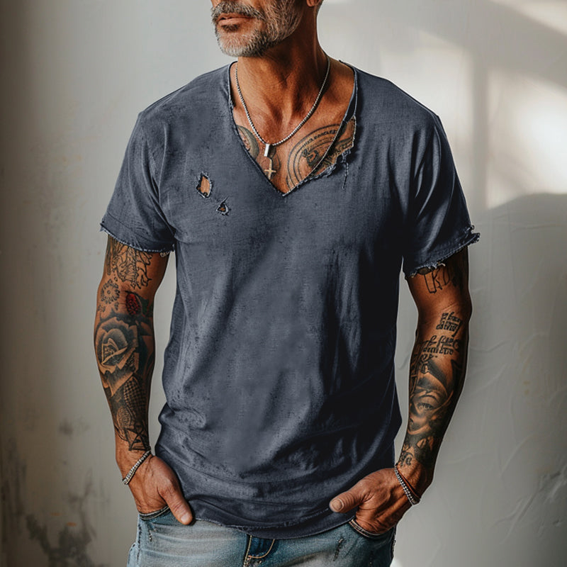 Men's Distressed Ripped Raw Edge V-Neck Short-Sleeved T-Shirt 83736876Y