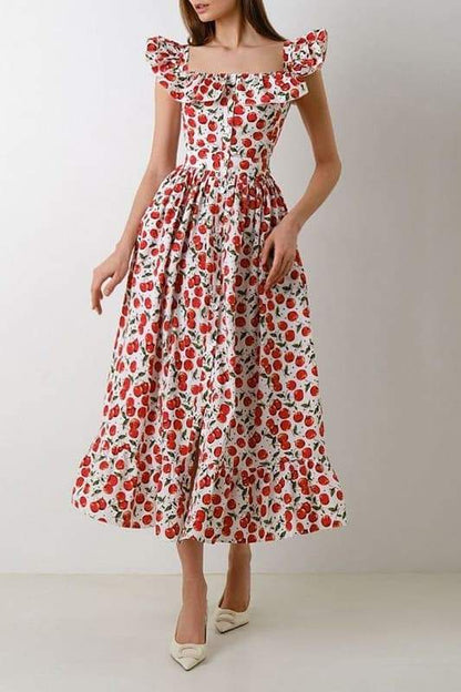 Griselda Cherry Printed Ruffle Midi Dress