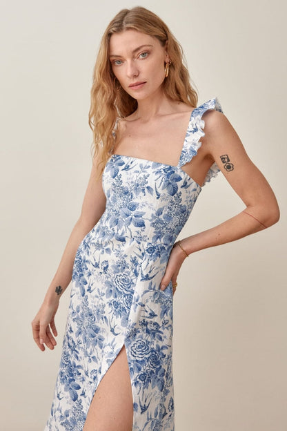 Joa Printed Ruffle Strap Slit Midi Dress