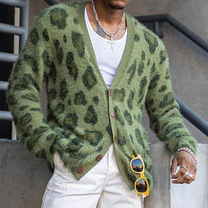 Men's Vintage Leopard V-Neck Single-Breasted Cardigan 03568715Y