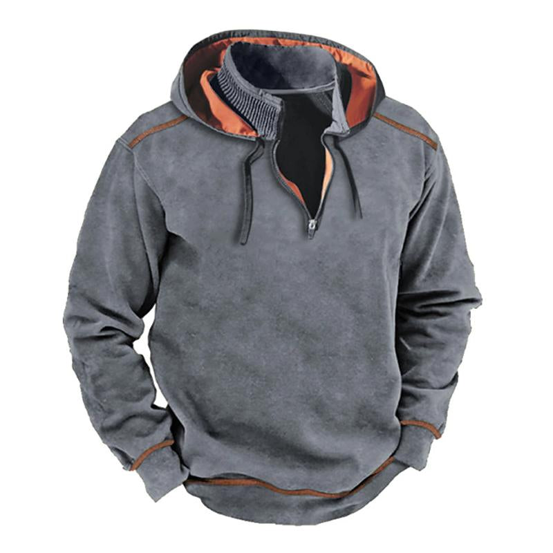 Men's Vintage Contrast Zipper Stand Collar Patchwork Hooded Sweatshirt 61682011Y