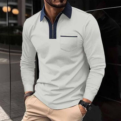 Men's Color Block Pocket Long Sleeve POLO Shirt 99308629X