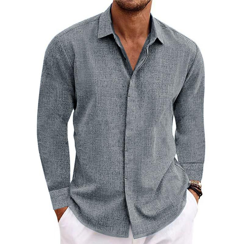 Men's Casual Loose Solid Color Cotton Linen Long Sleeve Shirt 01703150M