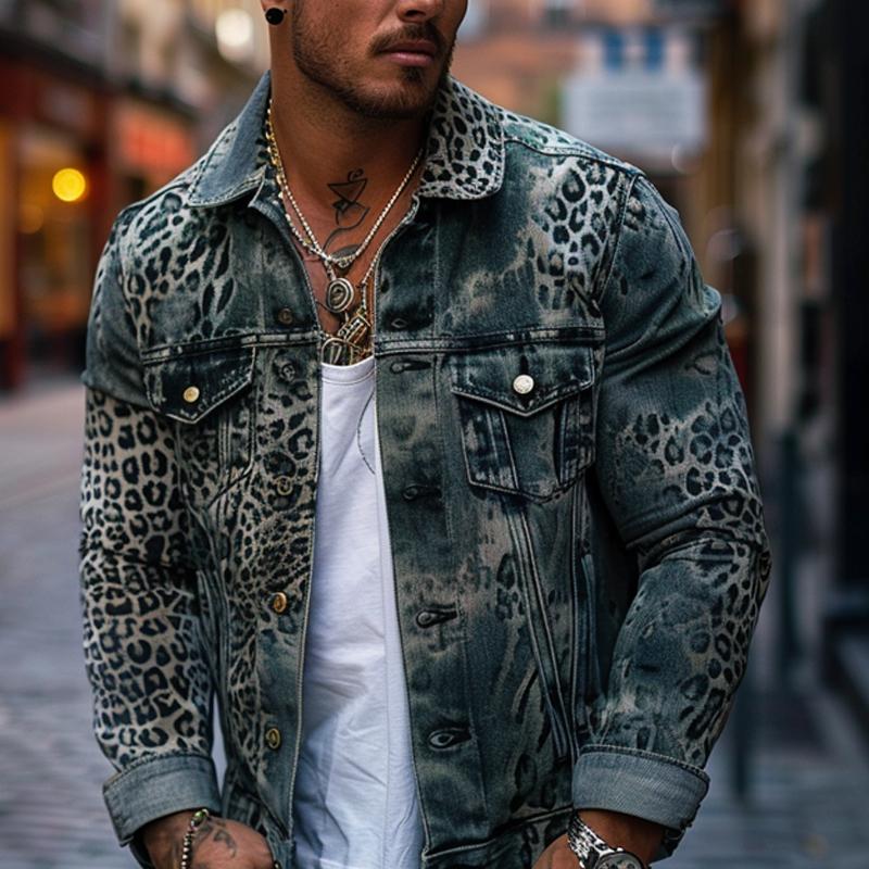 Men's Leopard Ombre Print Denim Trucker Jacket 56830735Y