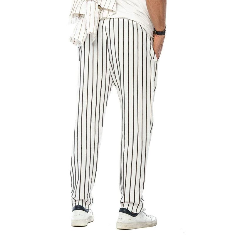 Men's Vertical Striped Cotton And Linen Straight Loose Trendy Casual Trousers 38653954Z