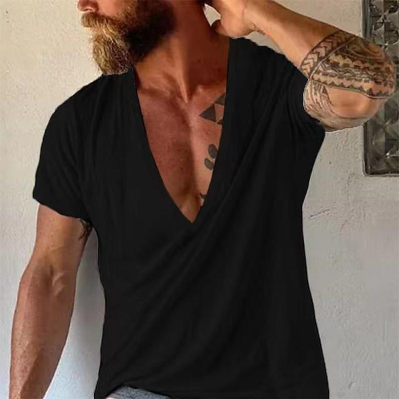 Men's Casual Solid Color V-Neck Short-Sleeved T-Shirt 19594146M