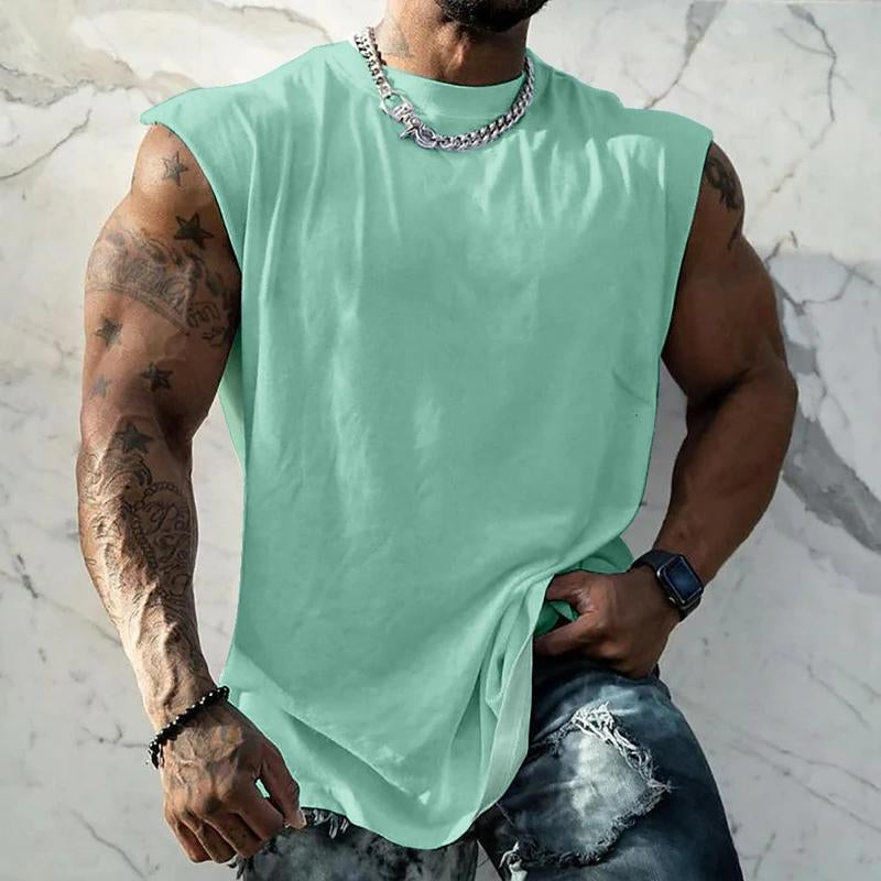 Men's Solid Color Wide Shoulder Round Neck Sports Tank Top 44699991X