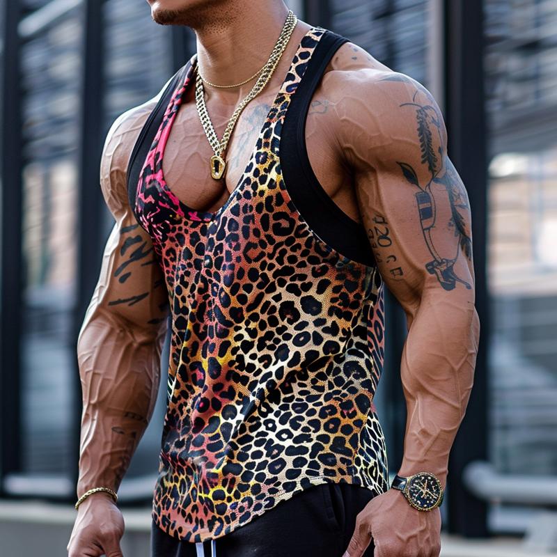 Men's Sexy U-Neck Leopard Print Patchwork Tank Top 03756297M