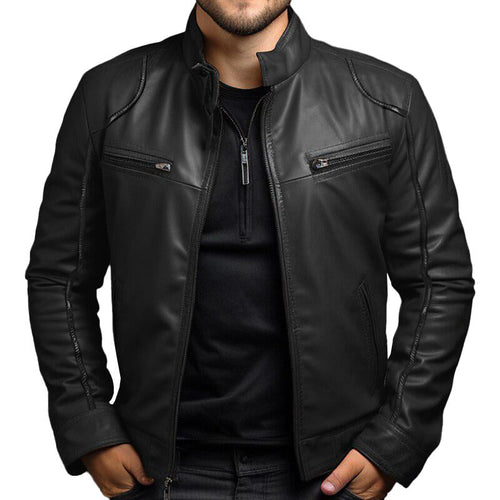 Men's Vintage Stand Collar Zipper Slim Leather Jacket 55238800M