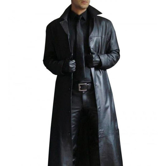 Men's Vintage Solid Color Lapel Leather Trench Coat 87519479Y