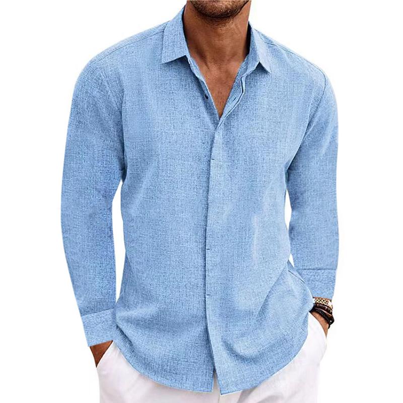 Men's Casual Loose Solid Color Cotton Linen Long Sleeve Shirt 01703150M