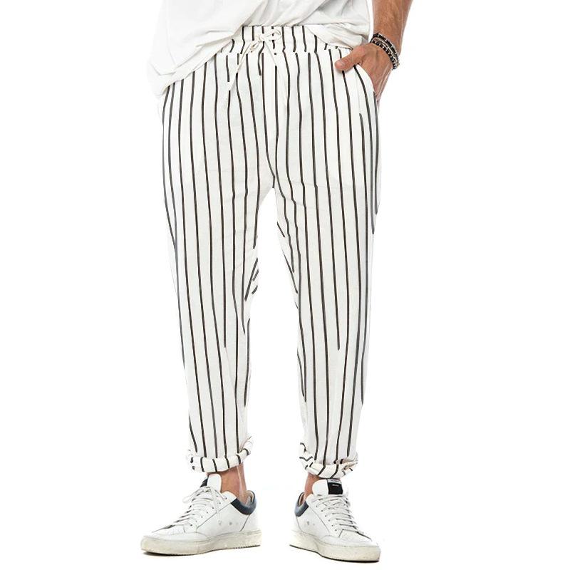 Men's Vertical Striped Cotton And Linen Straight Loose Trendy Casual Trousers 38653954Z