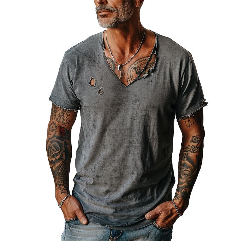 Men's Distressed Ripped Raw Edge V-Neck Short-Sleeved T-Shirt 83736876Y