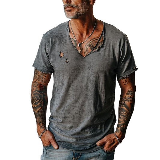 Men's Distressed Ripped Raw Edge V-Neck Short-Sleeved T-Shirt 83736876Y