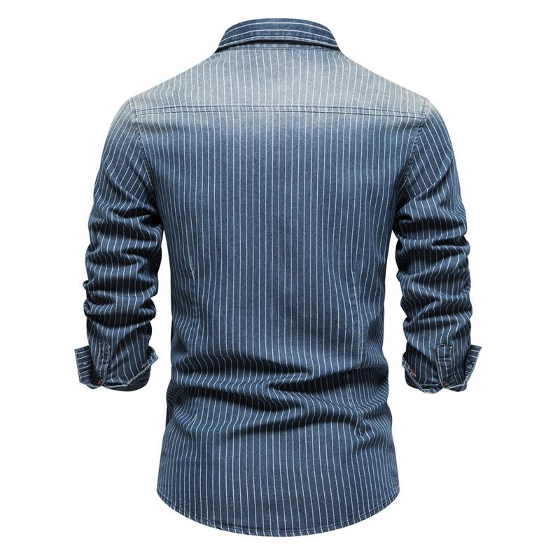 Men's Washed Distressed Striped Denim Shirt 98861733X