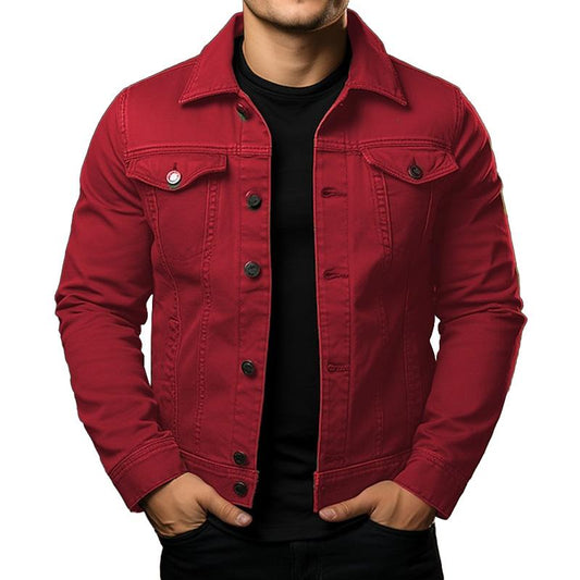 Men's Classic Solid Color Lapel Single Breasted Cargo Denim Jacket 27164796M