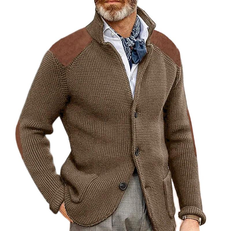 Men's Vintage Stand Collar Patchwork Slim Long Sleeve Knitted Blazer 67697292M