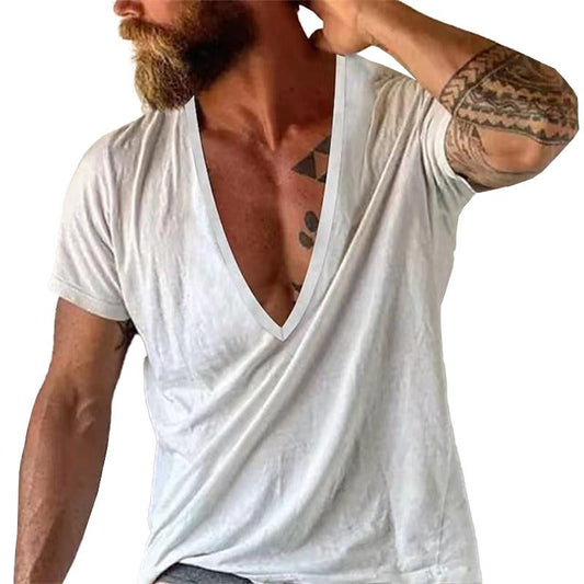 Men's Casual Solid Color V-Neck Short-Sleeved T-Shirt 19594146M