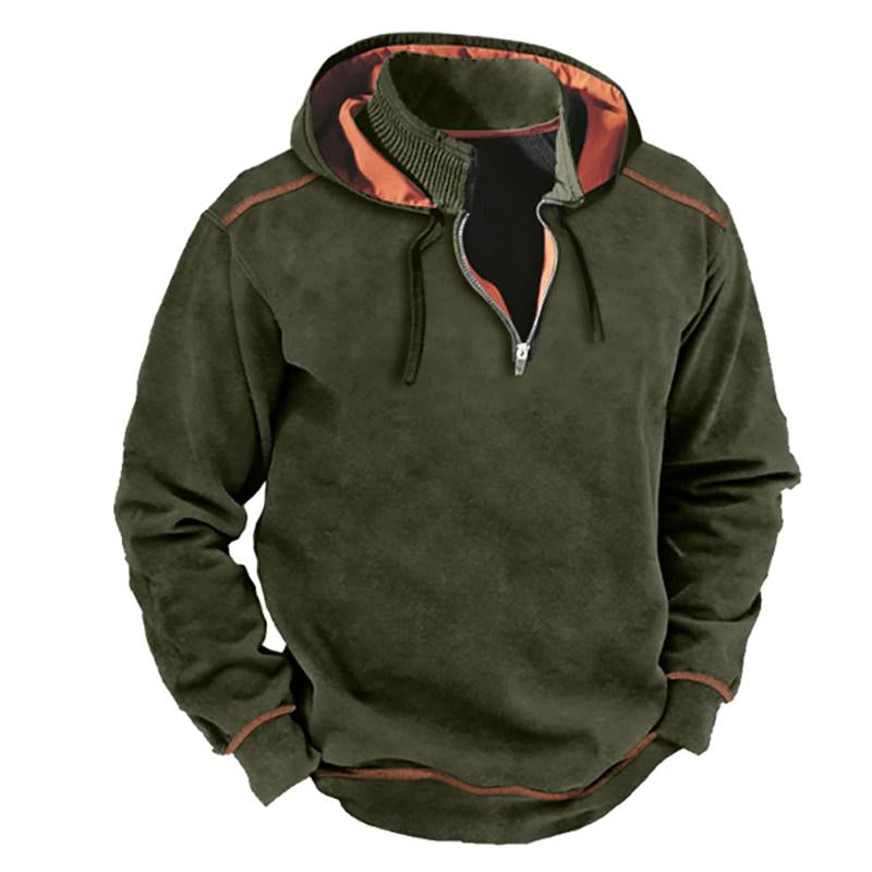 Men's Vintage Contrast Zipper Stand Collar Patchwork Hooded Sweatshirt 61682011Y