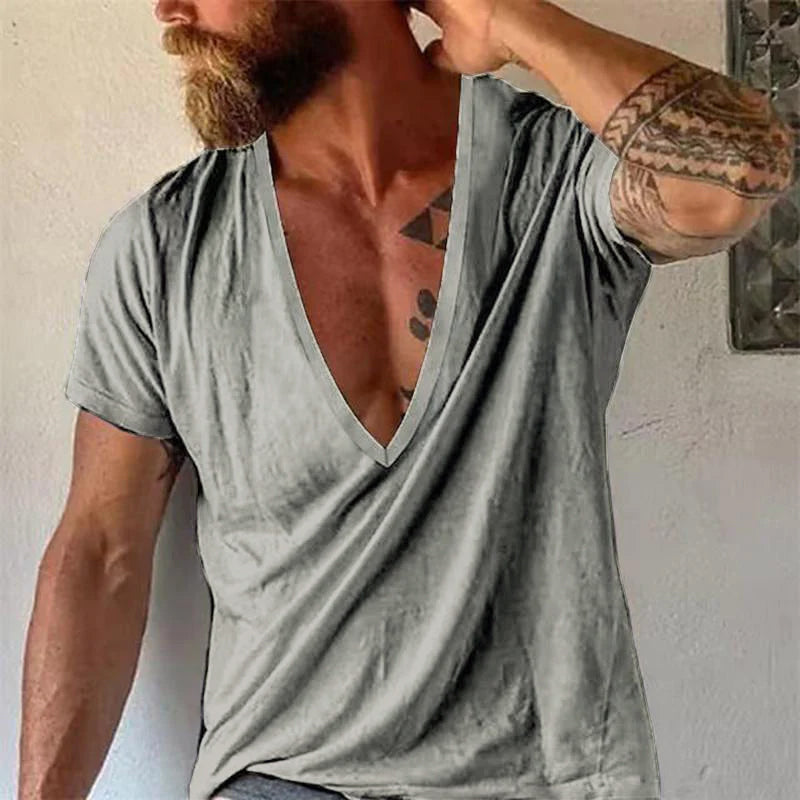 Men's Casual Solid Color V-Neck Short-Sleeved T-Shirt 19594146M