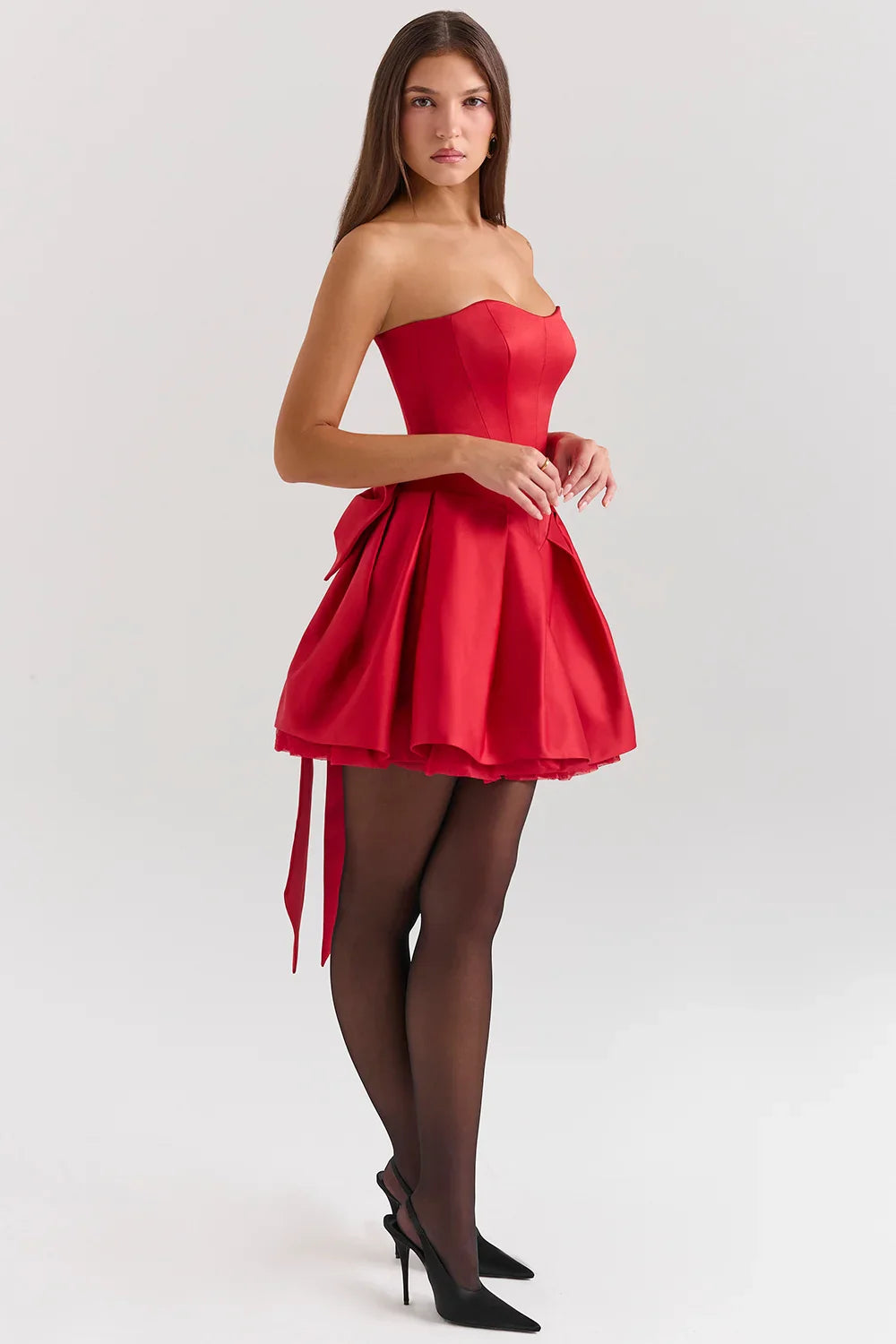 Red Satin Detachable Bow Mini Dress