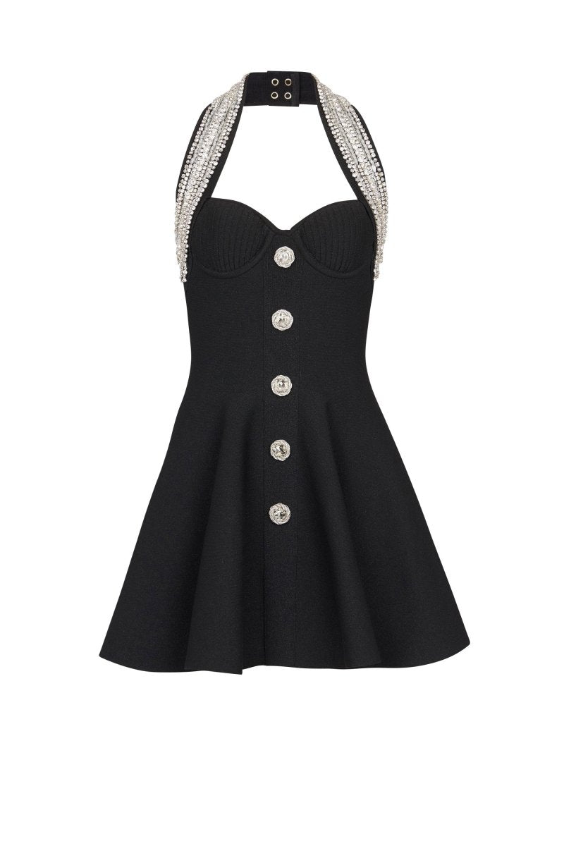 Patricia Crystal Embellished Halter Mini Knit Dress