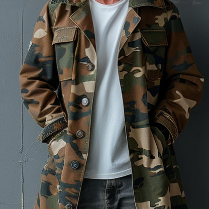 Men's Camouflage Lapel Breast Pocket Single Breasted Mid-length Cargo Trench Coat 74550095Z