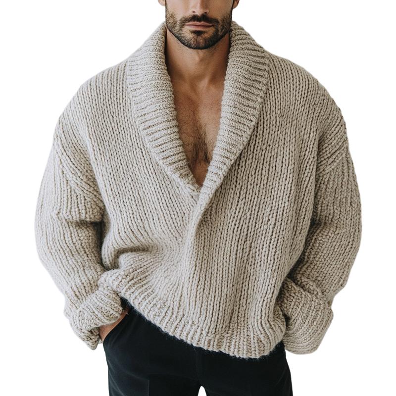 Men's Fashion Oversize Style Solid Color Lapel Long Sleeve Casual Knit Sweater 16200506Z