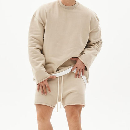 Men's Fashion Solid Color Loose Rolled Sweatshirt Shorts Set 80927036Z