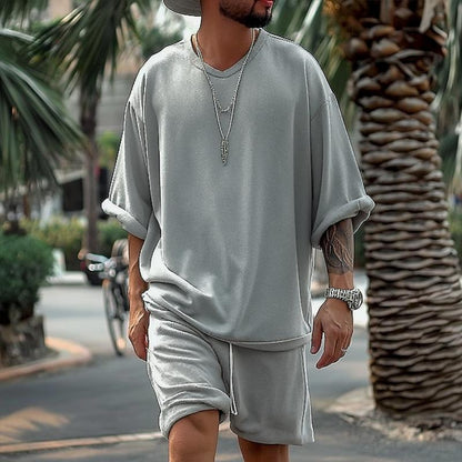 Men's Solid Loose V Neck Short Sleeve T-shirt Shorts Casual Set 55757857Z