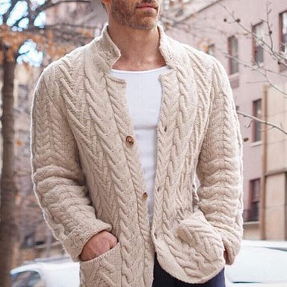 Men's Vintage Stand Collar Single Breasted Cable Knit Cardigan 26165463Z