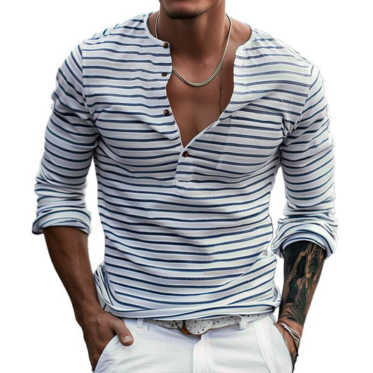 Men's Striped Henley Collar Long Sleeve Casual T-shirt 00046965Z