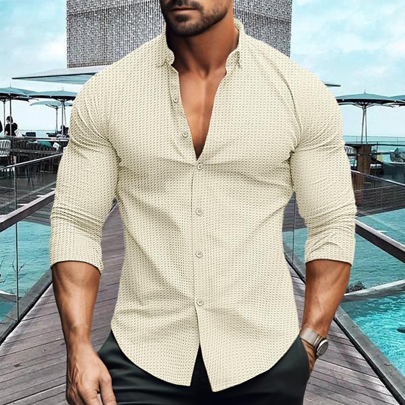 Men's Solid Color Lapel Long Sleeve Waffle Casual Shirt 69333697Z